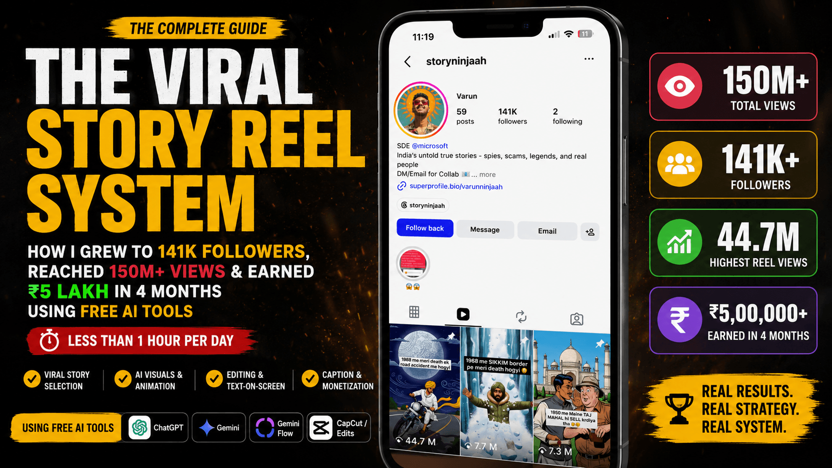 The Viral Story Reel System, StoryNinjaah profile, 141K followers, 150M+ views
